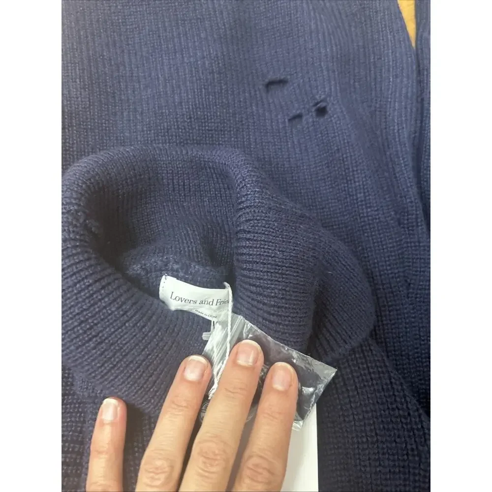 NWT Lovers + Friends Revolve Distressed Turtleneck Wool Blend Knit Dress Navy SM
